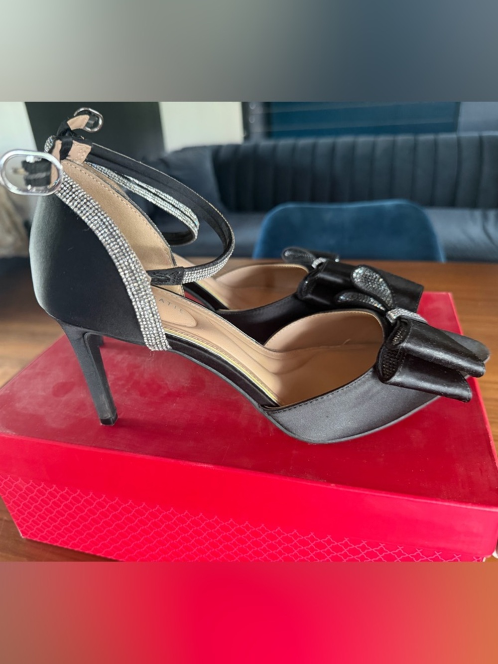 Kelly & Katie Black Satin Heels with Rhinestone Ankle Straps and Bow